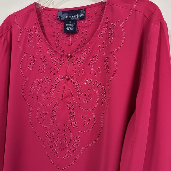 Susan Graver Top XL Berry Pink Eyelet Buttons Long Sleeve Popover Boho NEW - Picture 4 of 8